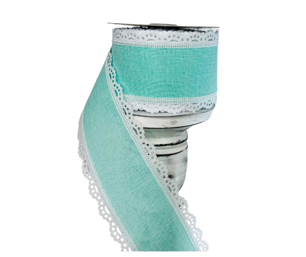 2.5"x10YD Mint Green/White Scalloped Edge Royal Burlap Wired Ribbon - Rustic Charm with a Touch of Elegance-RGA1542AN
